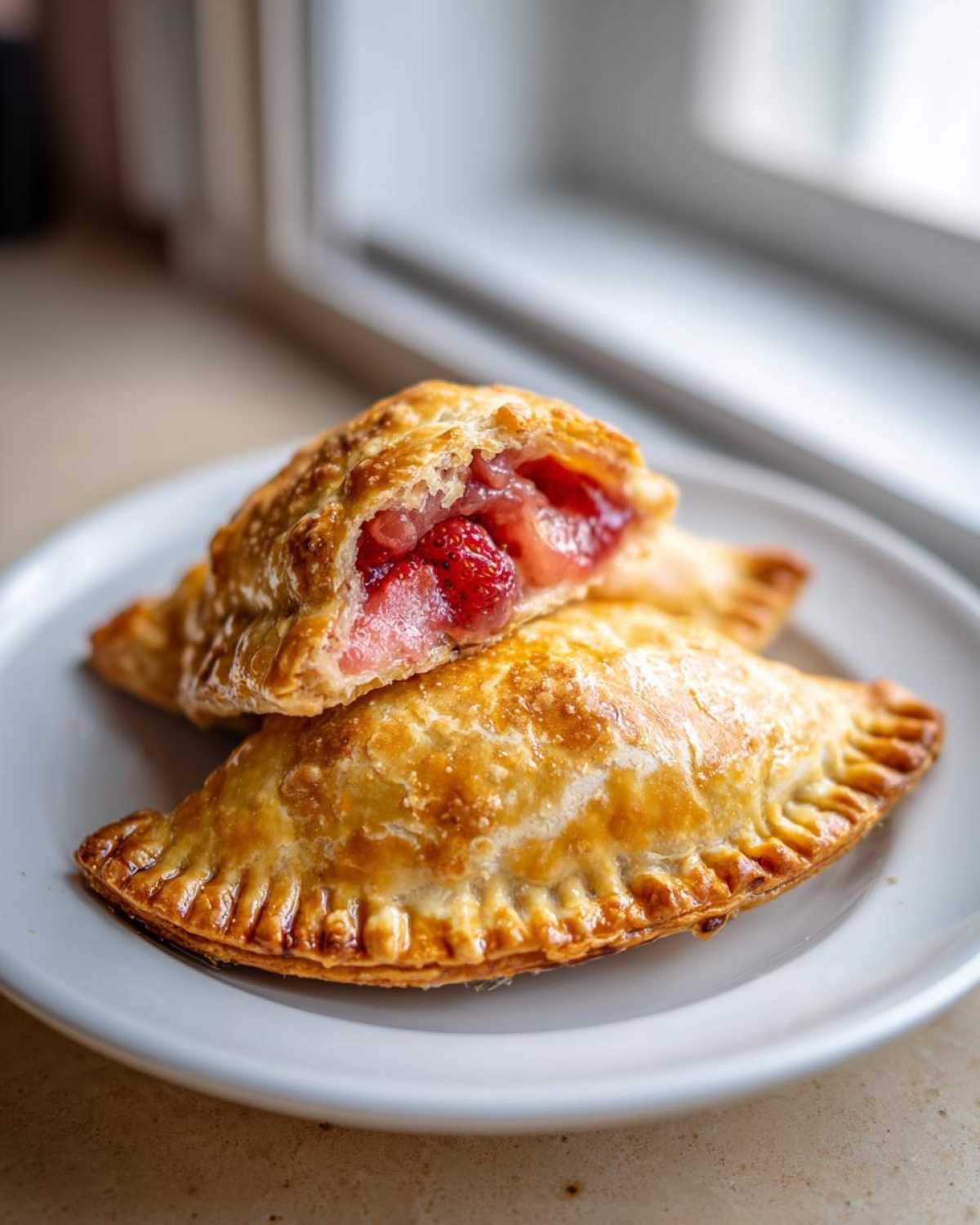 Two golden-brown Strawberry Rhubarb Hand Pies on a white plate, one cut open revealing the bright red fruit filling.