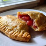 Two golden-brown Strawberry Rhubarb Hand Pies on a white plate, one cut open showing the juicy strawberry and rhubarb filling.