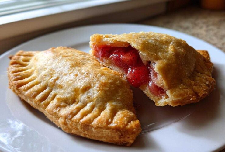 Two golden-brown Strawberry Rhubarb Hand Pies on a white plate, one cut open showing the juicy strawberry and rhubarb filling.