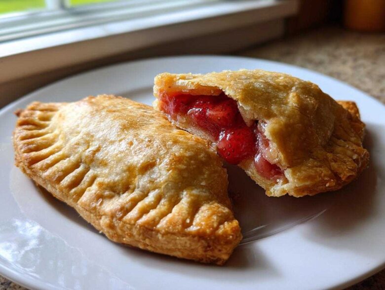 Two golden-brown Strawberry Rhubarb Hand Pies on a white plate, one cut open showing the juicy strawberry and rhubarb filling.