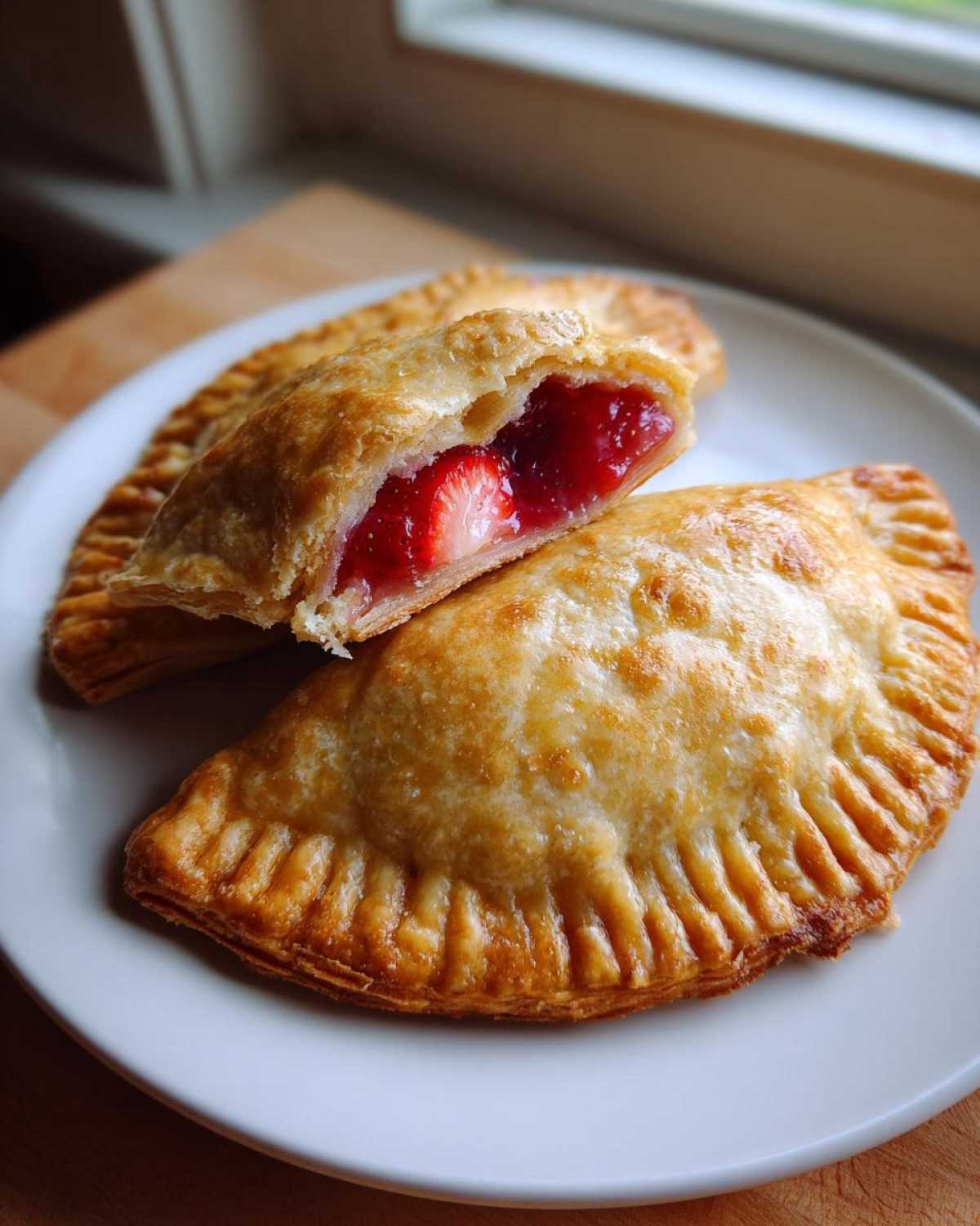 Two golden-brown Strawberry Rhubarb Hand Pies on a white plate, one cut open to show the bright red strawberry filling.