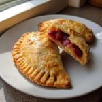 Close-up of golden, flaky Strawberry Rhubarb Hand Pies on a white plate, one cut open showing the red filling.