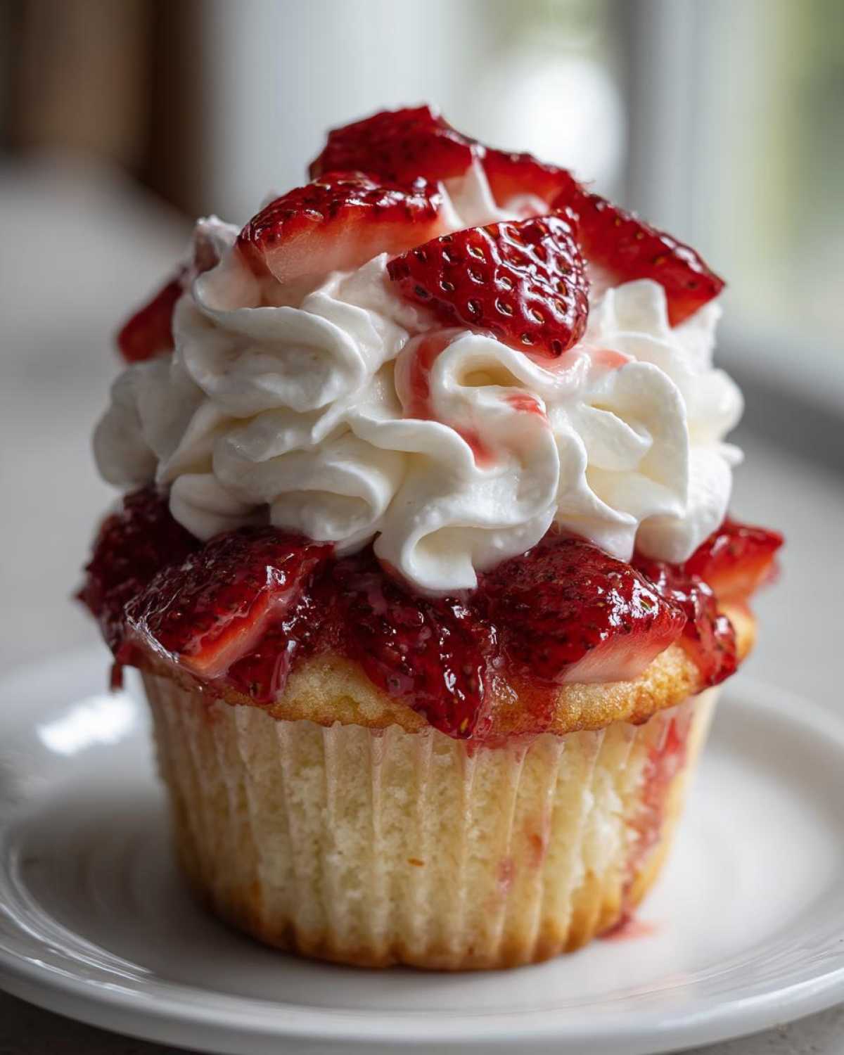 Close-up of a single Strawberry Shortcake Cupcakes topped with whipped cream and fresh sliced strawberries.