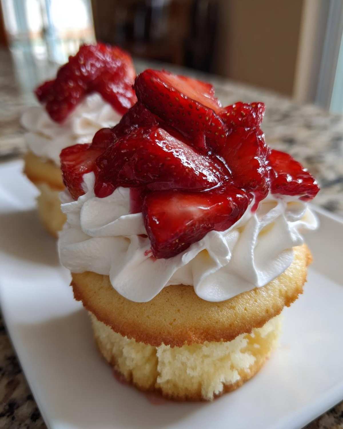 Close-up of a delicious Strawberry Shortcake Cupcakes with whipped cream topping and macerated strawberries.