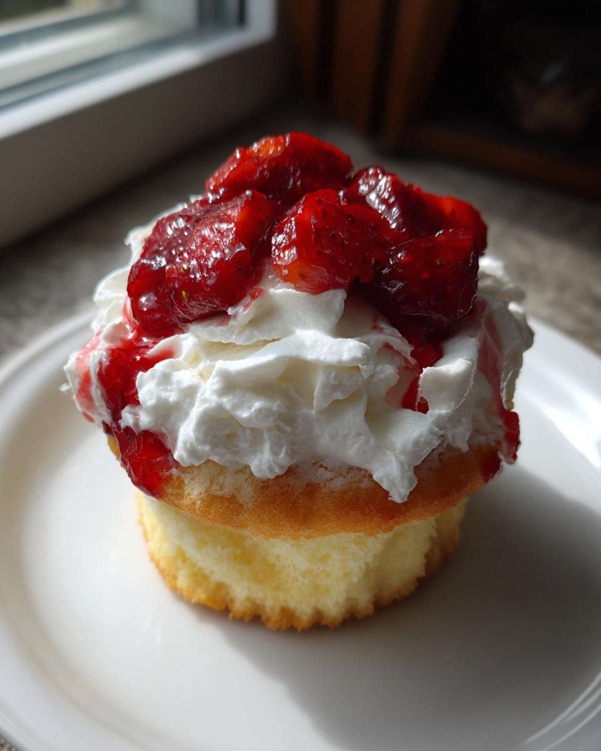 A single, perfectly baked Strawberry Shortcake Cupcakes topped with fresh whipped cream and macerated strawberries.