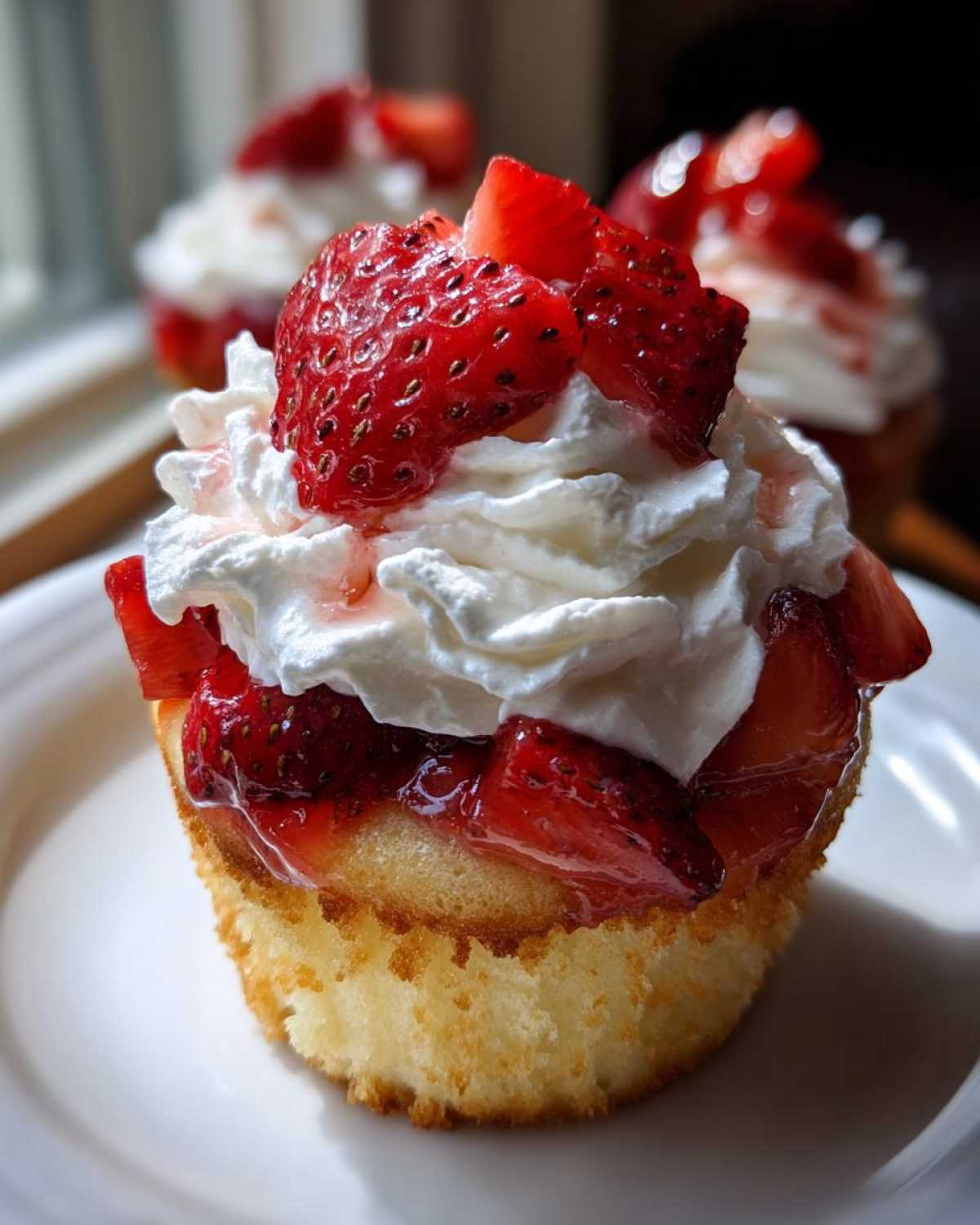 Close-up of a single Strawberry Shortcake Cupcakes topped with whipped cream and glistening sliced strawberries.
