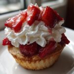 Close-up of a single Strawberry Shortcake Cupcake topped high with whipped cream and macerated strawberries.