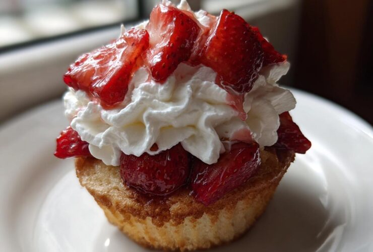 Close-up of a single Strawberry Shortcake Cupcake topped high with whipped cream and macerated strawberries.