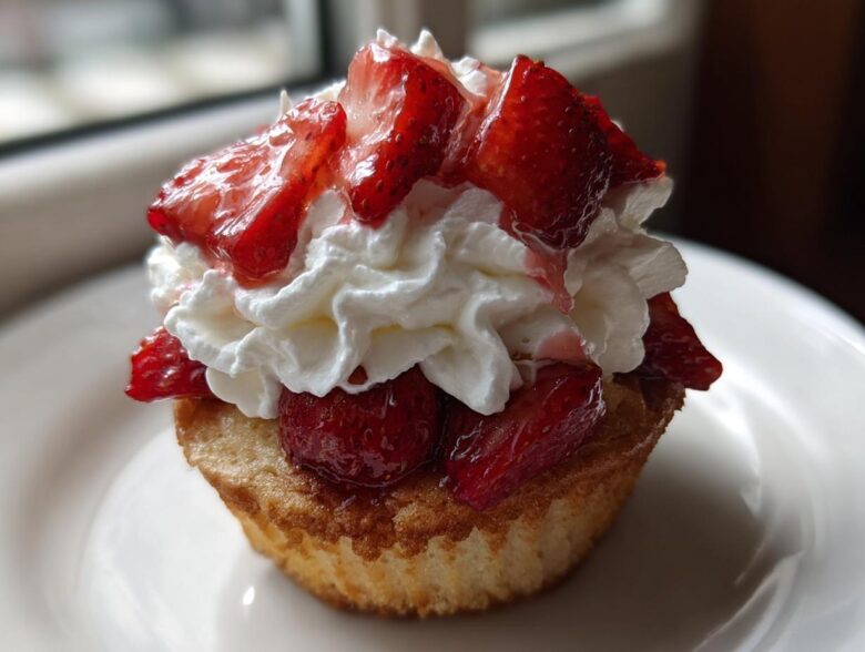 Close-up of a single Strawberry Shortcake Cupcake topped high with whipped cream and macerated strawberries.