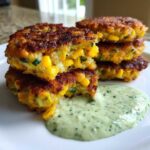 A stack of golden brown Sweet Corn Zucchini Fritters, one cut open to show corn and zucchini filling, served with a dollop of green herb sauce.