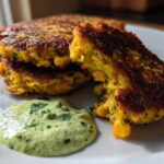 A stack of golden brown Sweet Corn Zucchini Fritters served with a dollop of creamy green herb sauce on a white plate.
