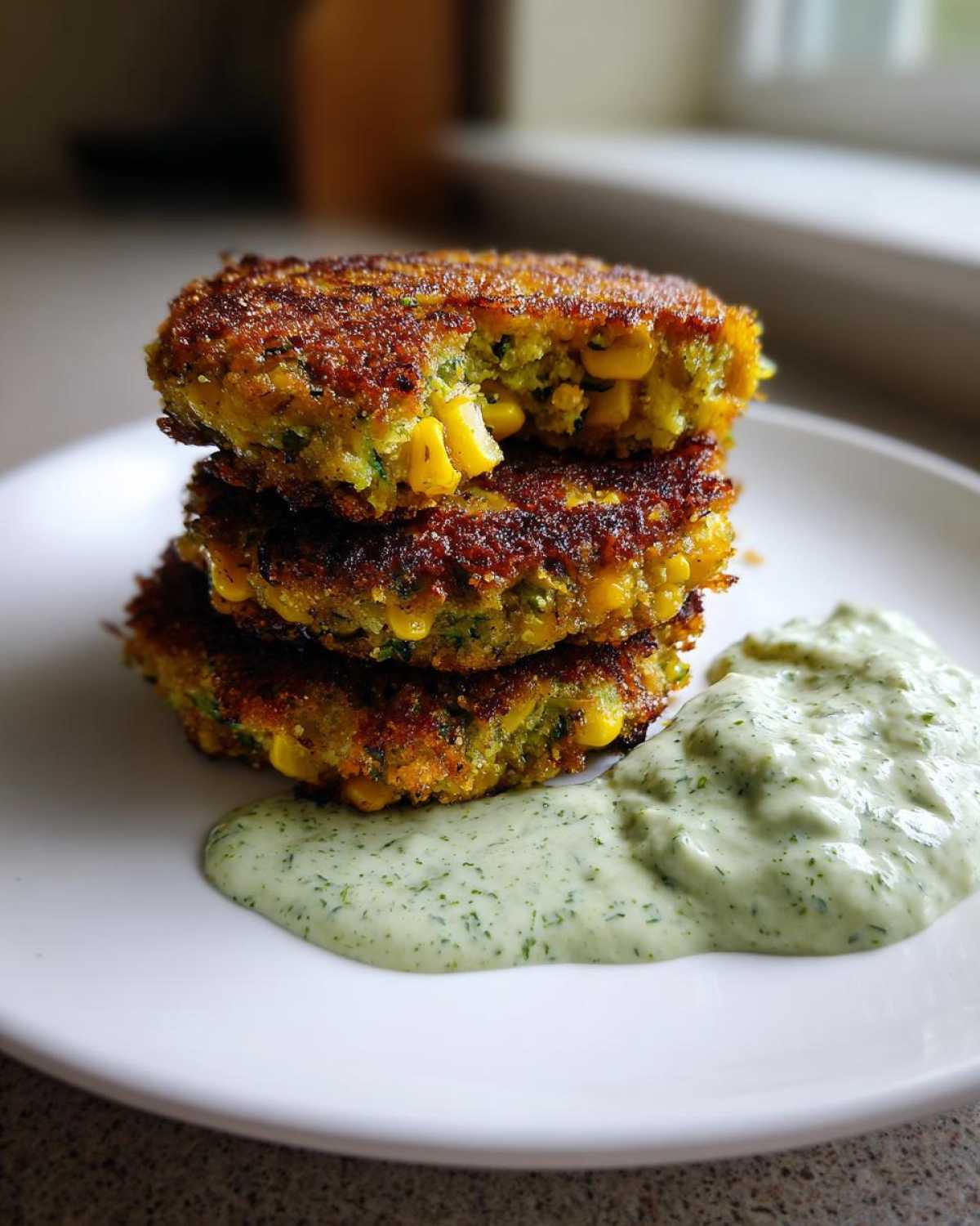 A stack of three golden-brown Sweet Corn Zucchini Fritters served with a dollop of creamy green herb sauce on a white plate.