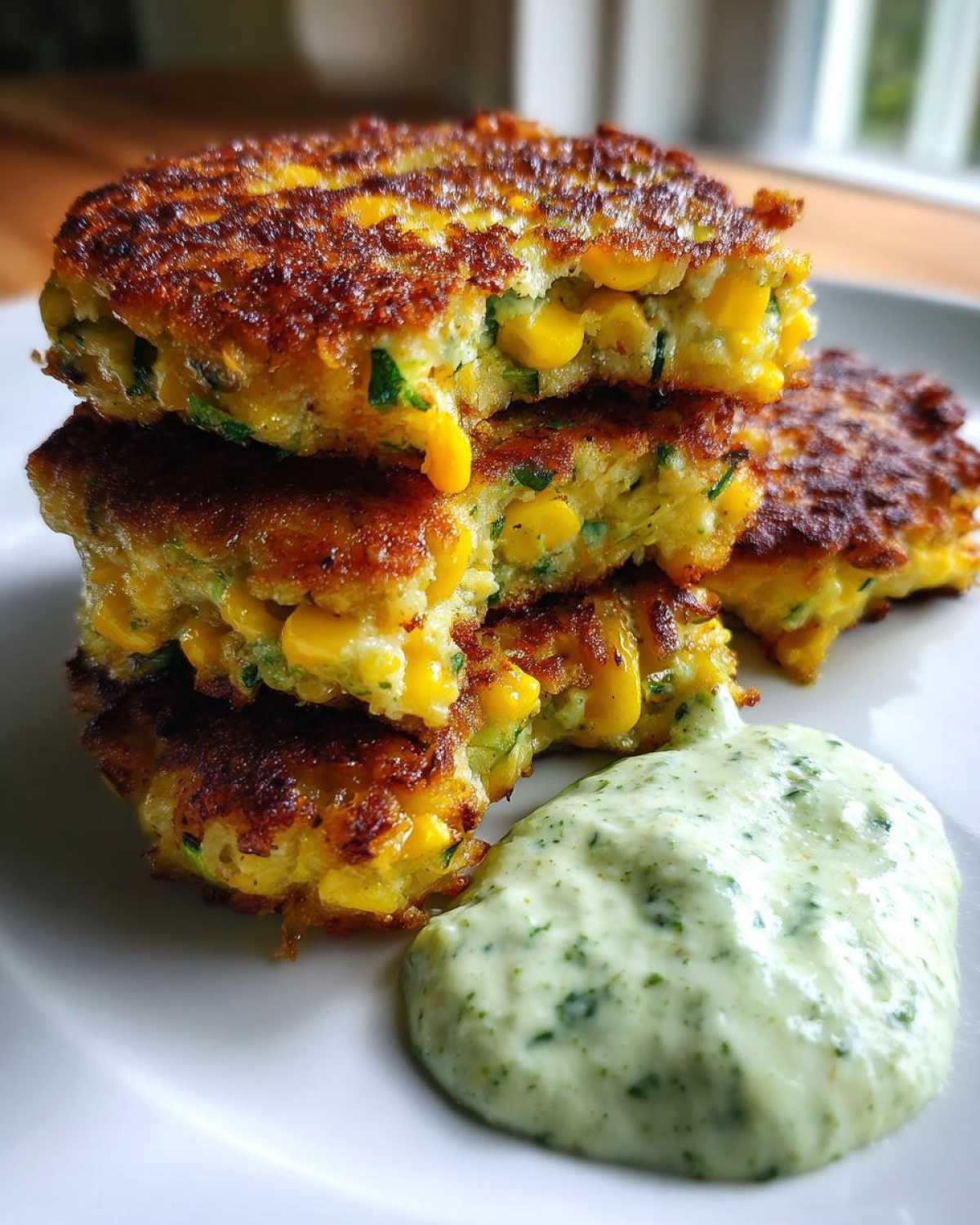 A stack of golden brown Sweet Corn Zucchini Fritters served with a dollop of green herb dipping sauce.
