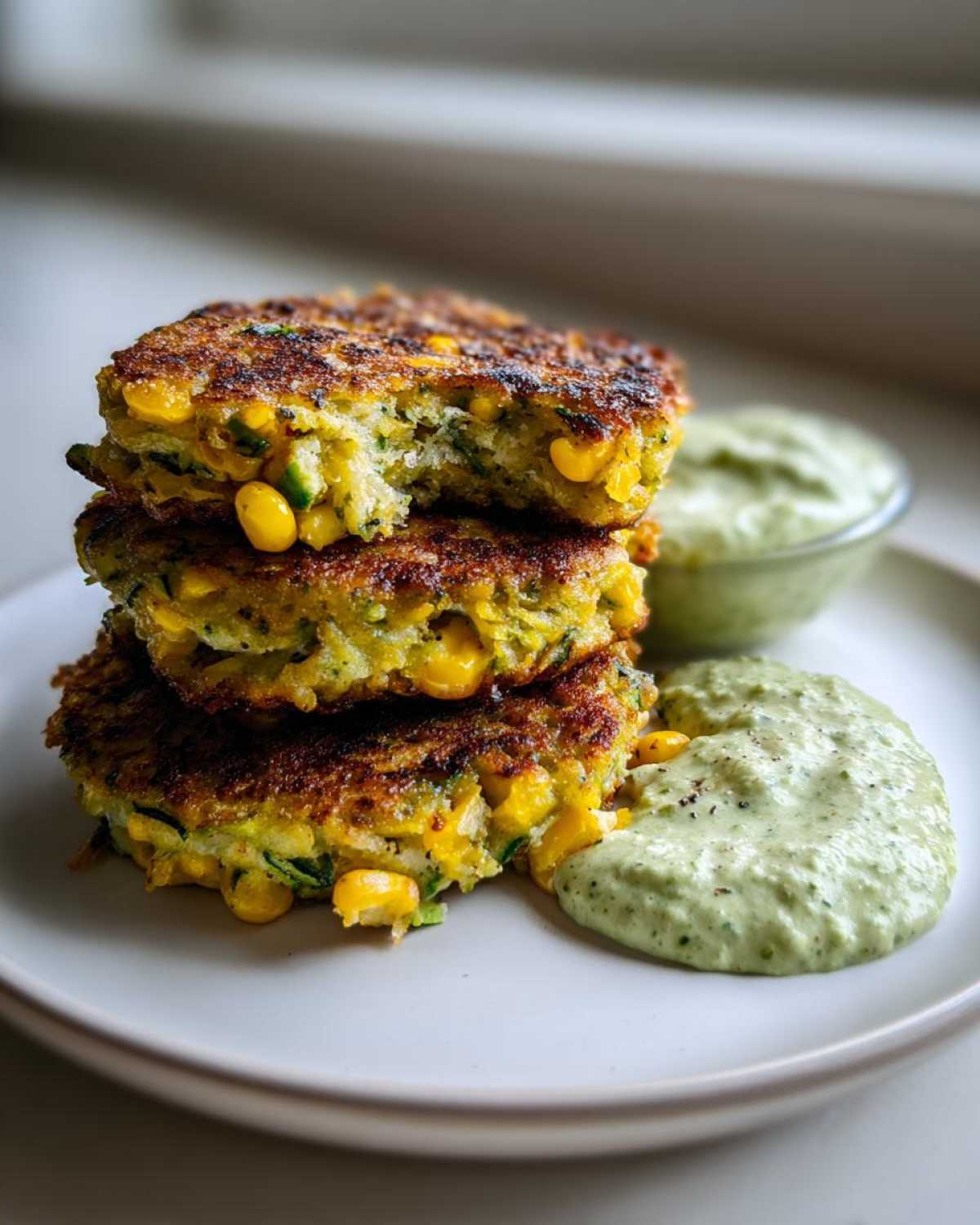 A stack of three golden-brown Sweet Corn Zucchini Fritters served with a creamy green dipping sauce on a white plate.