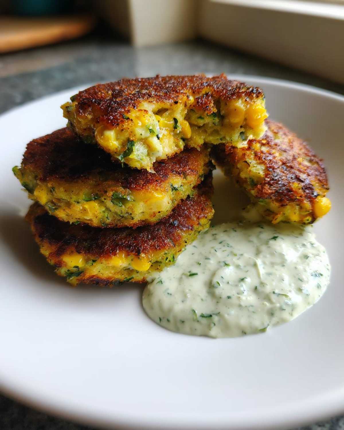 A stack of golden brown Sweet Corn Zucchini Fritters served with a dollop of creamy herb sauce.