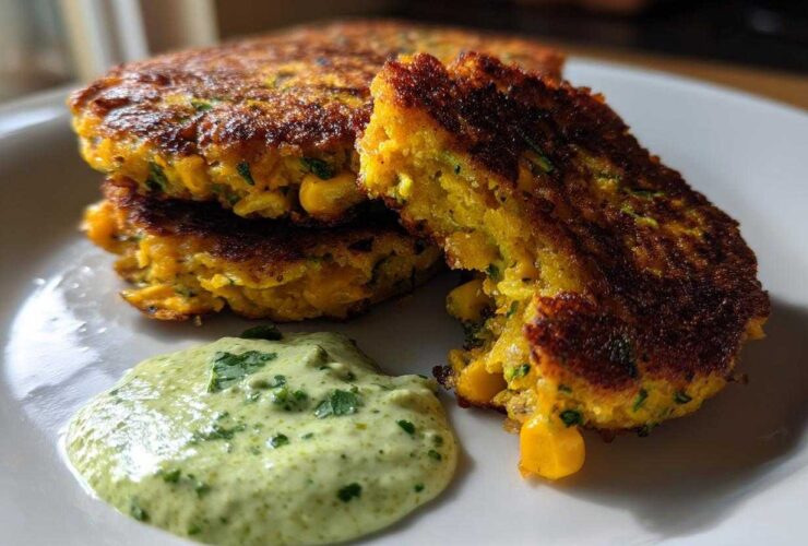 A stack of golden brown Sweet Corn Zucchini Fritters served with a dollop of creamy green herb sauce on a white plate.