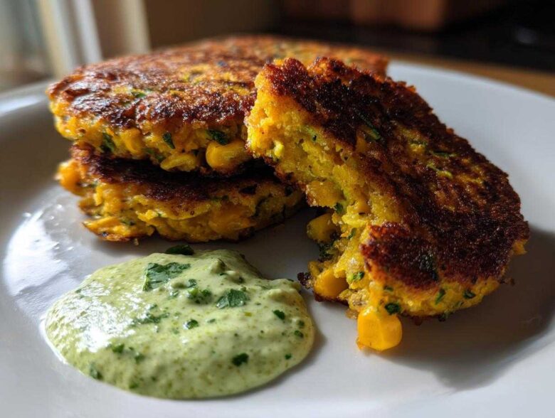 A stack of golden brown Sweet Corn Zucchini Fritters served with a dollop of creamy green herb sauce on a white plate.