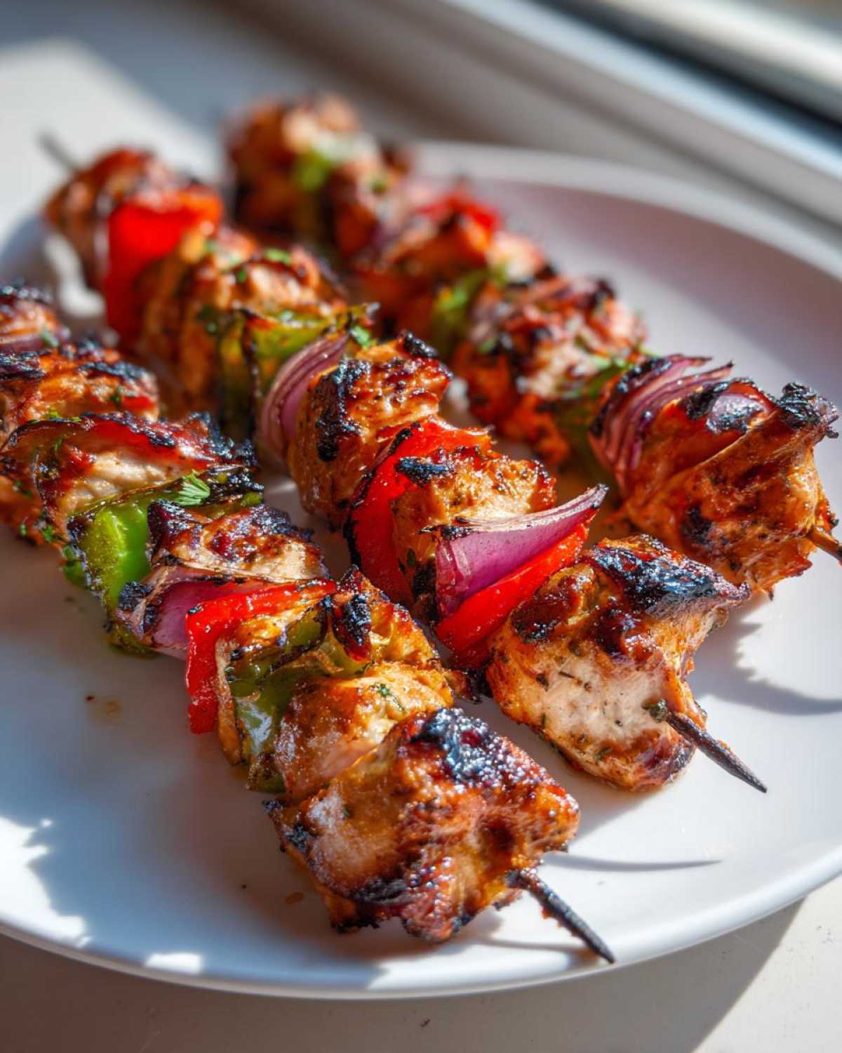 Close-up of perfectly grilled Tequila Lime Chicken Skewers with charred edges, red peppers, and onions on a white plate.