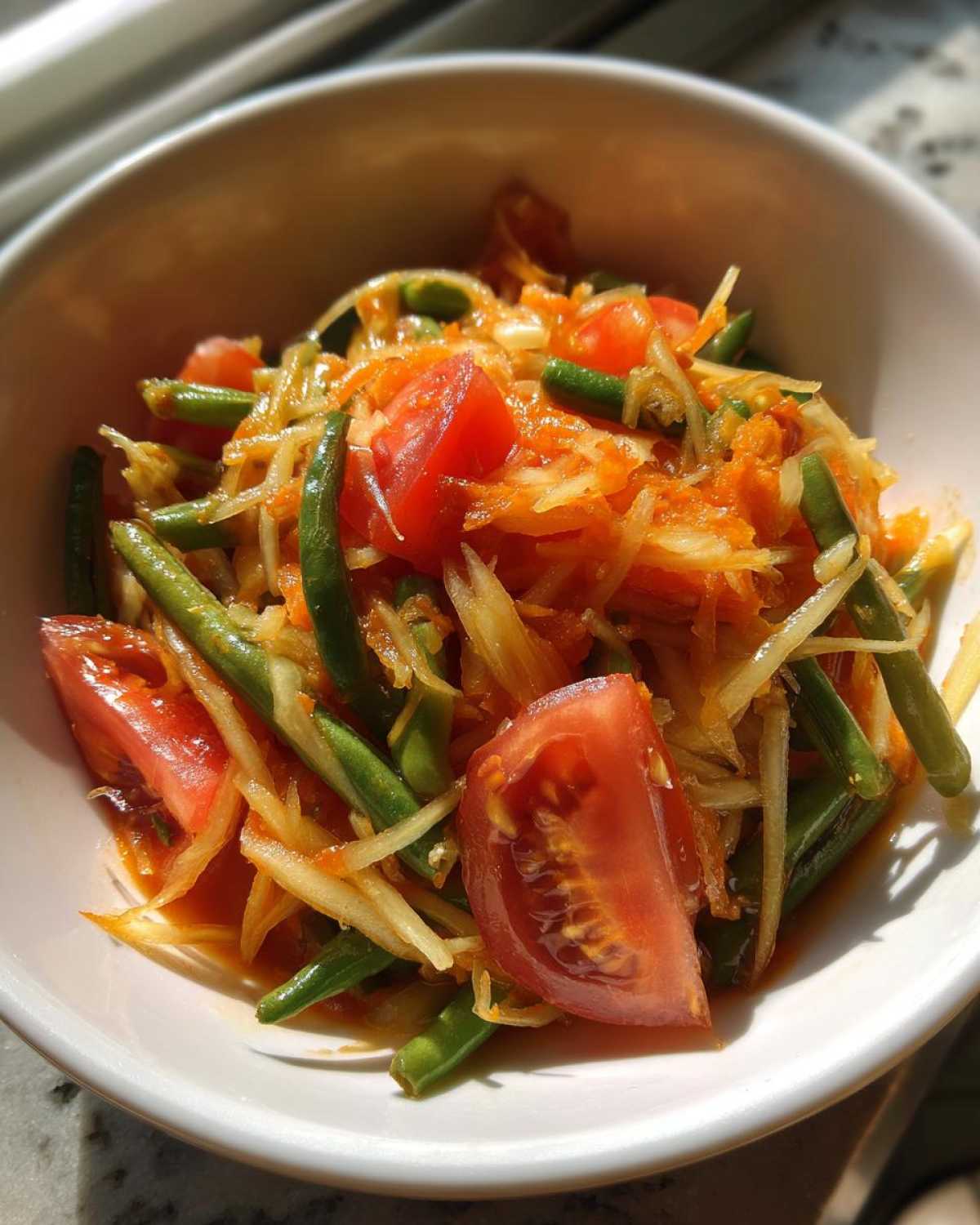 Close-up of vibrant Thai Papaya Salad Som Tam featuring shredded green papaya, green beans, and bright red tomato wedges in a white bowl.
