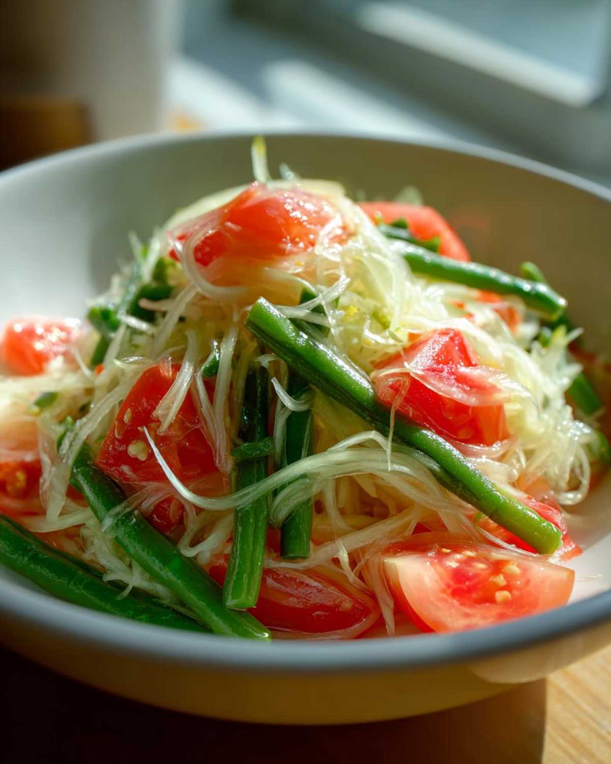 Close-up of vibrant Thai Papaya Salad Som Tam featuring shredded green papaya, bright red tomato wedges, and crisp green beans.