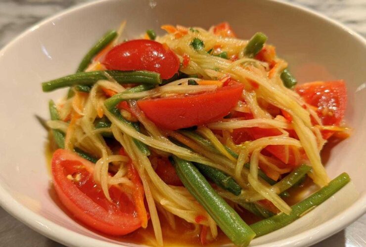 Close-up of freshly prepared Thai Papaya Salad Som Tam featuring shredded green papaya, bright red tomato wedges, and green beans.