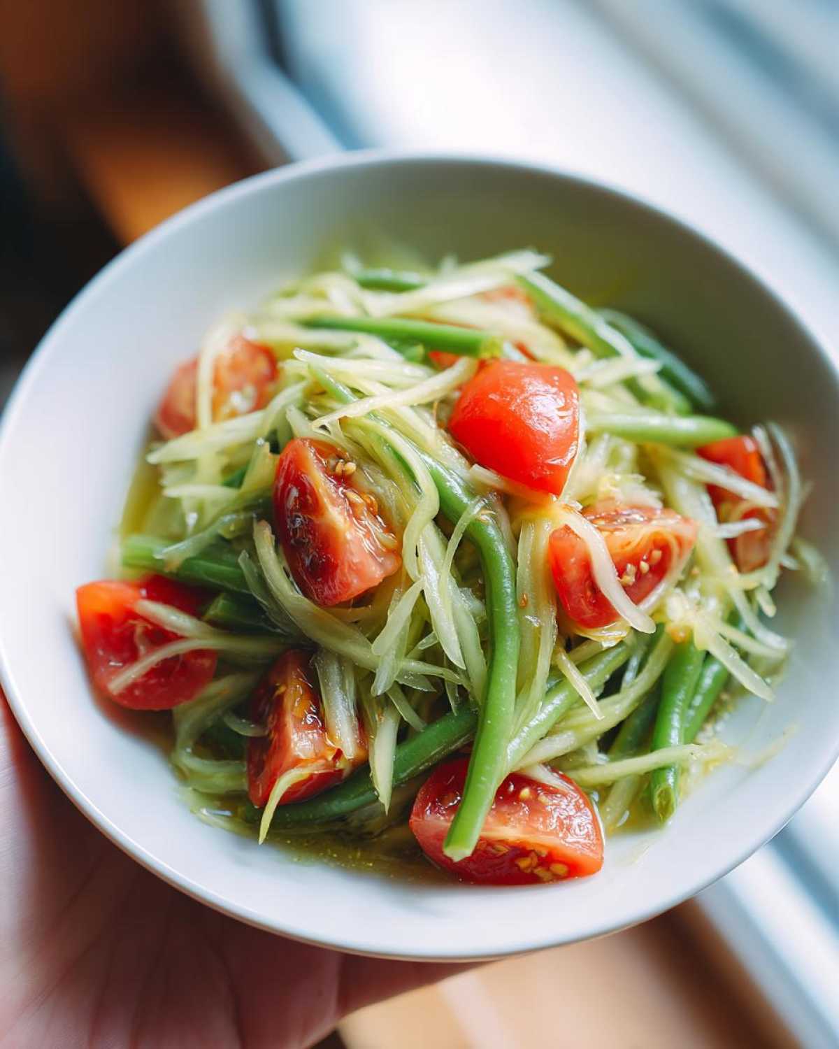 Close-up of vibrant Thai Papaya Salad Som Tam featuring shredded green papaya, green beans, and bright red tomato wedges.