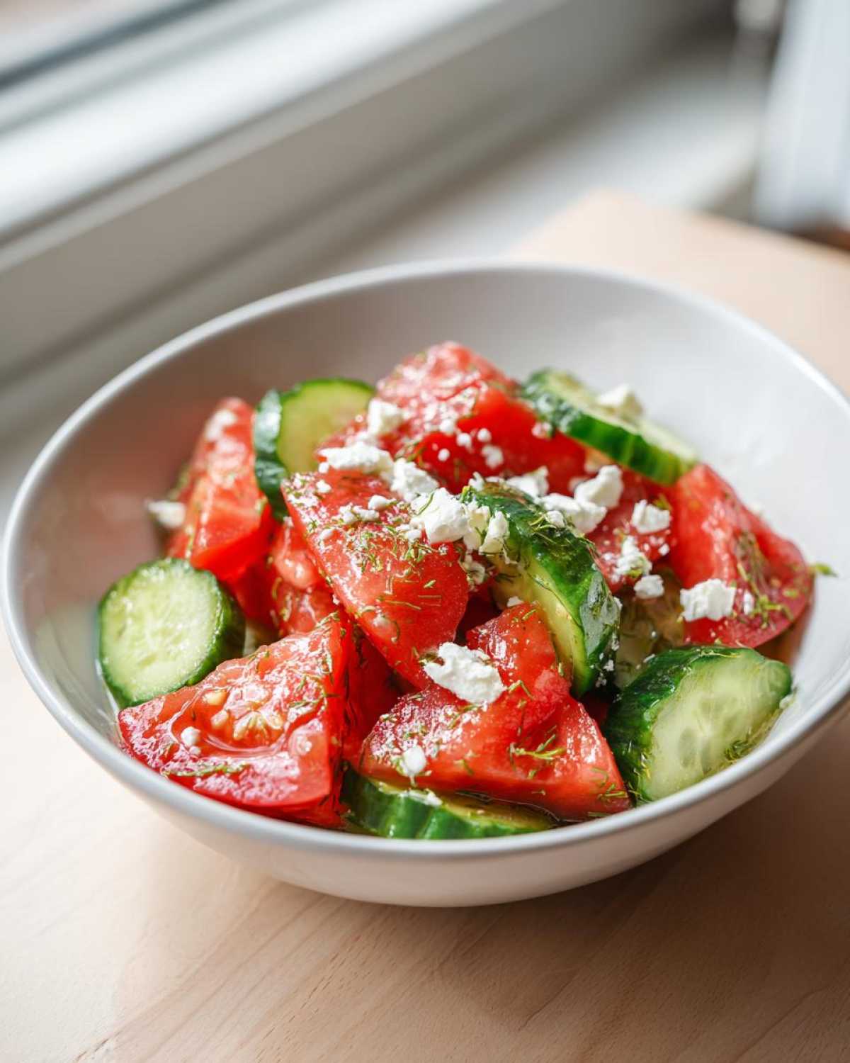Close-up of a vibrant Tomato Cucumber Feta Salad with dill, served in a white bowl.