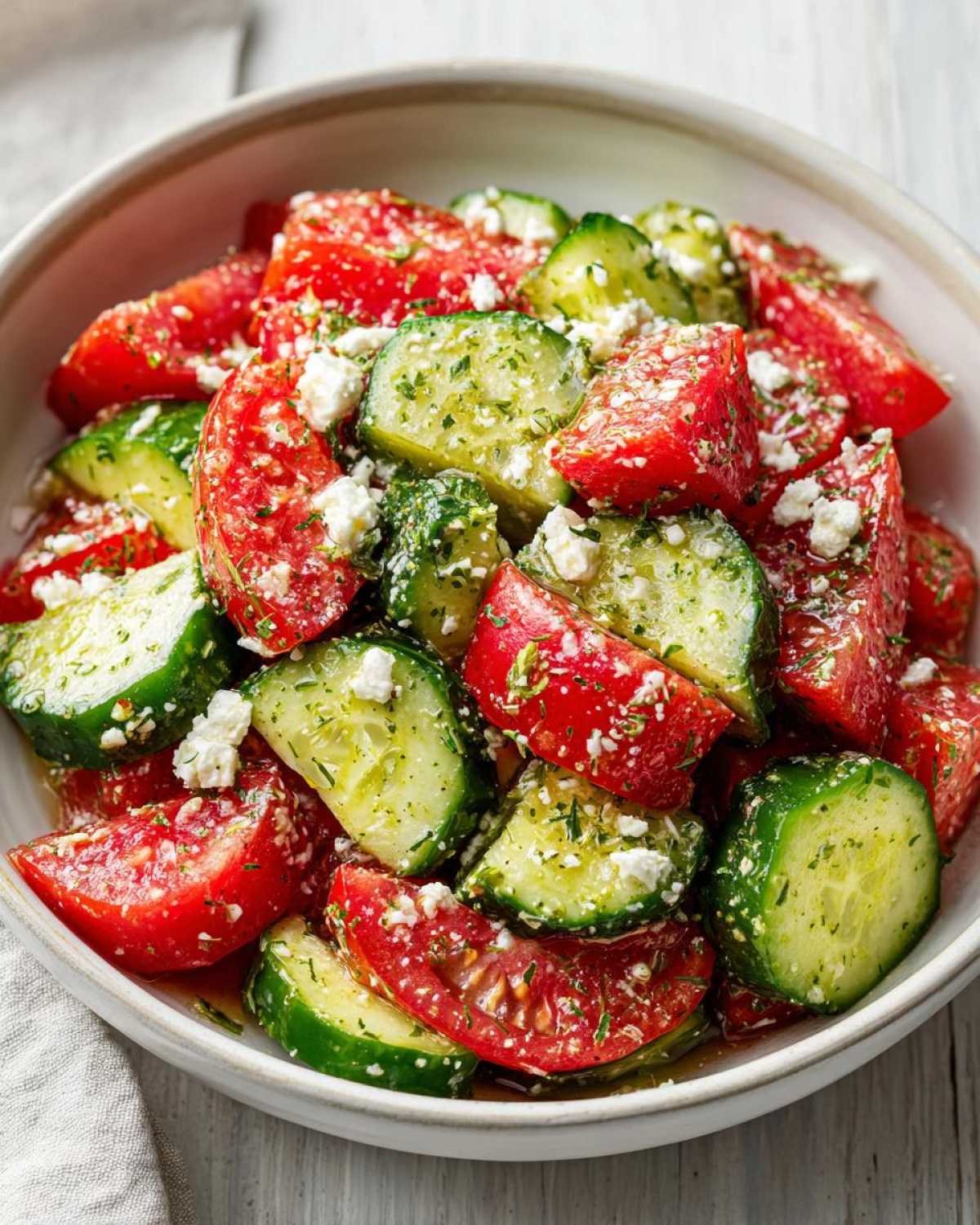 Vibrant close-up of a bowl filled with chunks of ripe tomatoes and cucumbers, topped with crumbled feta cheese and herbs in a Tomato Cucumber Feta Salad.