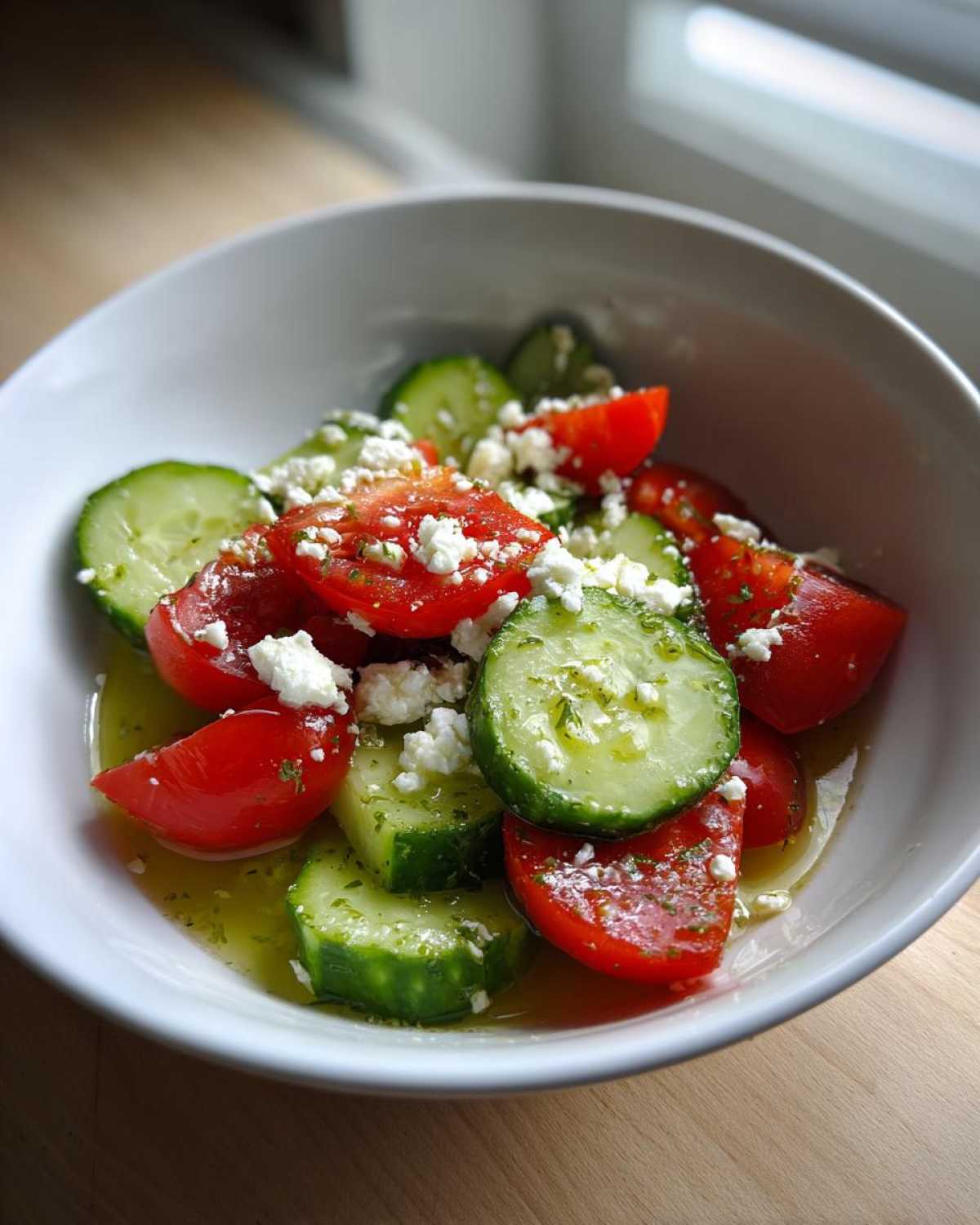 Close-up of a refreshing Tomato Cucumber Feta Salad with tomatoes, sliced cucumbers, and crumbled feta cheese in olive oil dressing.