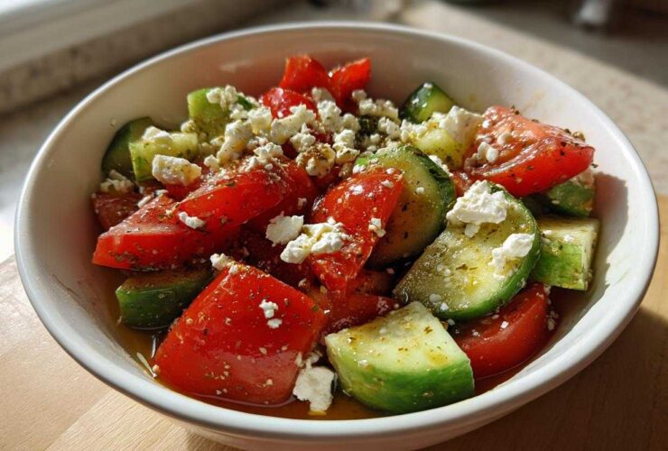 A close-up of a vibrant Tomato Cucumber Feta Salad with chunks of red tomato, green cucumber, and crumbled white feta, seasoned with herbs.