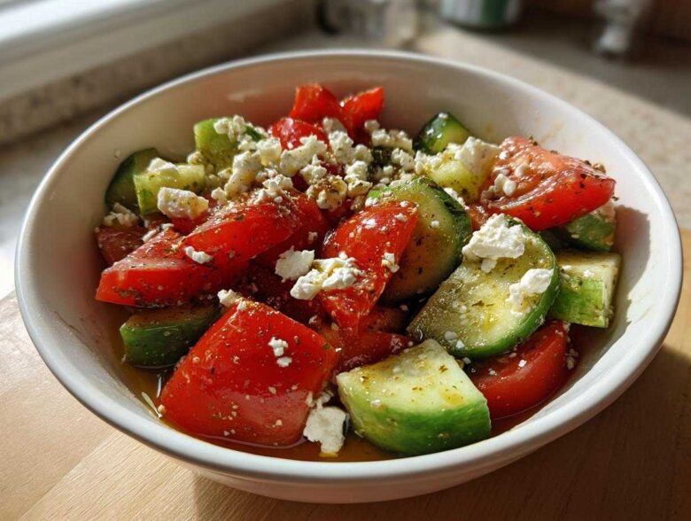 A close-up of a vibrant Tomato Cucumber Feta Salad with chunks of red tomato, green cucumber, and crumbled white feta, seasoned with herbs.