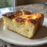 A thick, golden-brown slice of Vanilla Bean French Toast Casserole showing visible vanilla bean specks on a white plate.