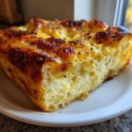 A close-up of a golden-brown, baked slice of Vanilla Bean French Toast Casserole on a white plate.
