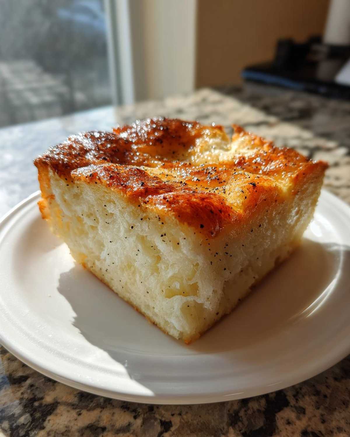 A square slice of baked Vanilla Bean French Toast Casserole with a caramelized top, sitting on a white plate.