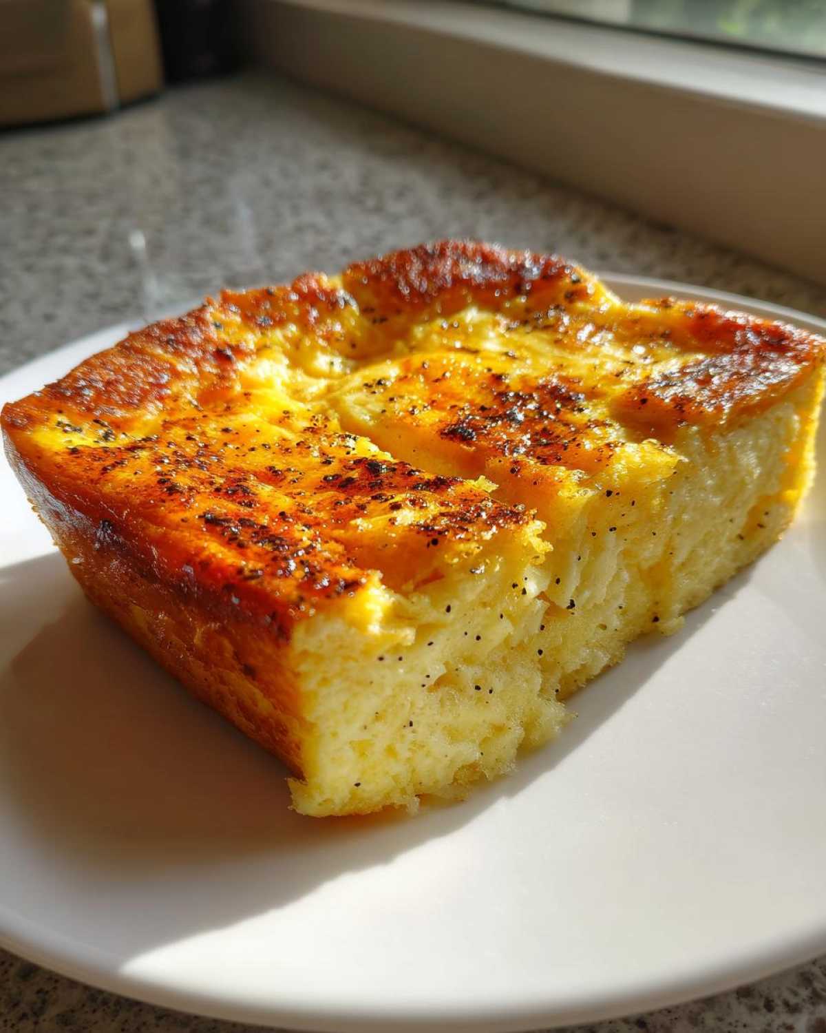 A close-up of a golden-brown slice of Vanilla Bean French Toast Casserole, showing vanilla specks inside.