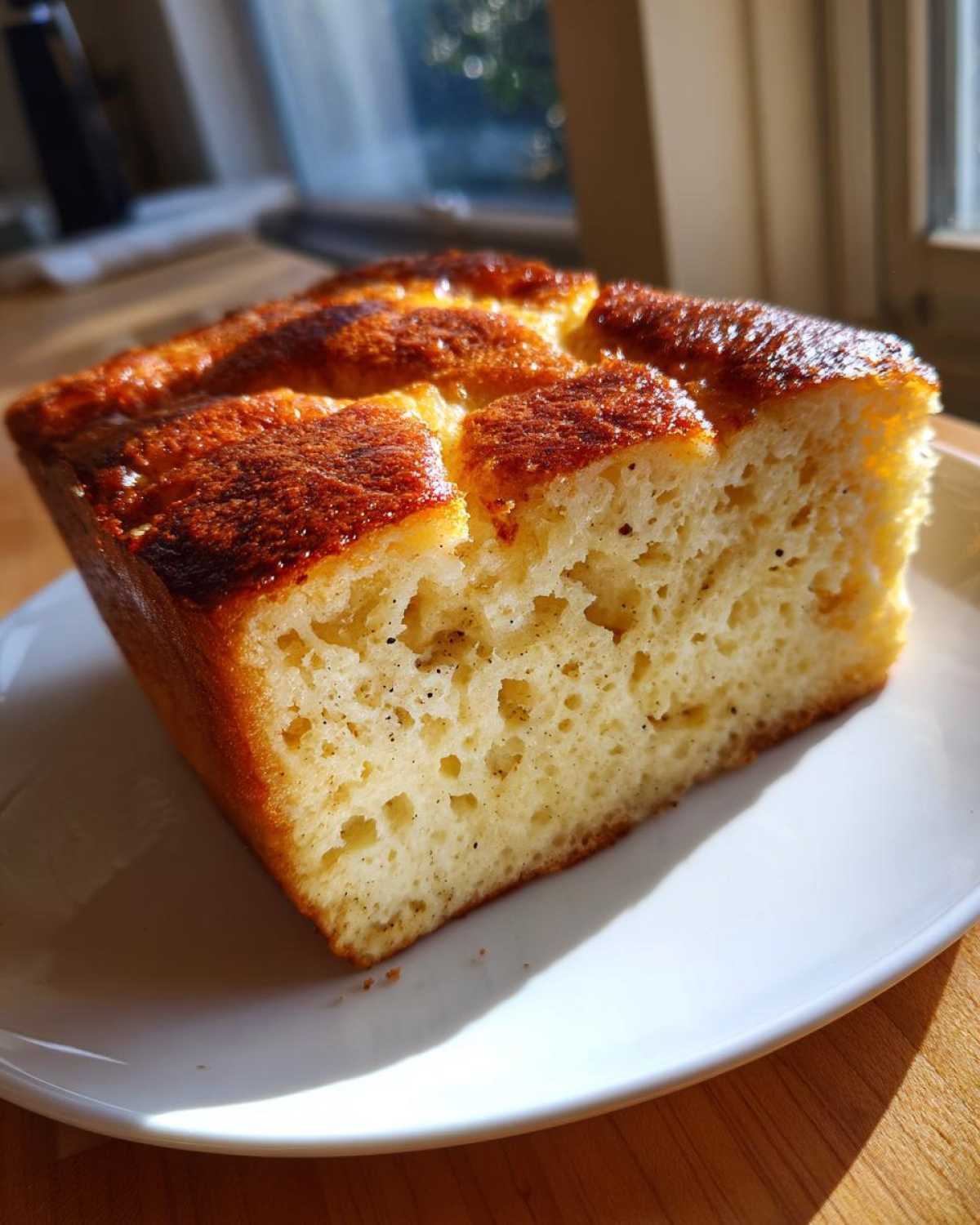 A thick slice of Vanilla Bean French Toast Casserole showing a light, airy interior speckled with vanilla bean seeds and a golden-brown, slightly caramelized top.