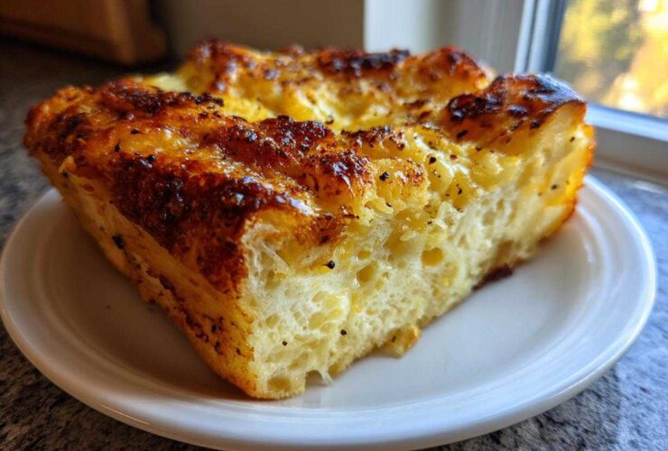 A close-up of a golden-brown, baked slice of Vanilla Bean French Toast Casserole on a white plate.