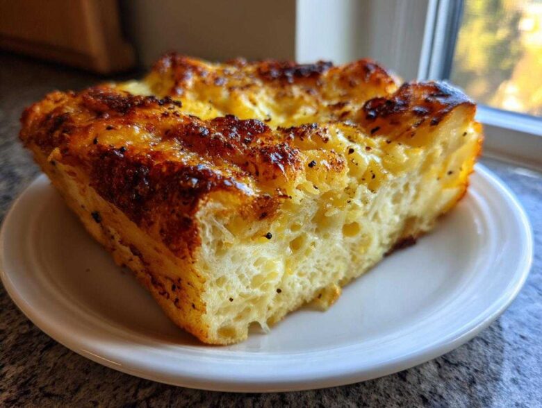 A close-up of a golden-brown, baked slice of Vanilla Bean French Toast Casserole on a white plate.