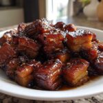 Close-up of rich, glossy Vietnamese Caramel Pork pieces served in a white bowl, glistening with dark caramel sauce.