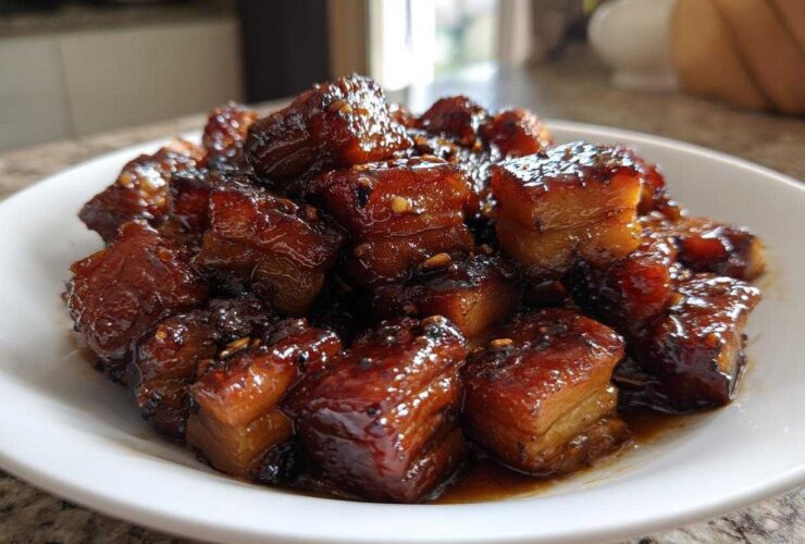 Close-up of rich, glossy Vietnamese Caramel Pork pieces served in a white bowl, glistening with dark caramel sauce.