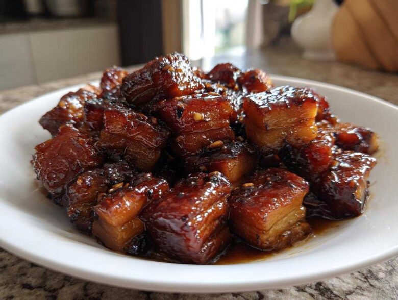 Close-up of rich, glossy Vietnamese Caramel Pork pieces served in a white bowl, glistening with dark caramel sauce.