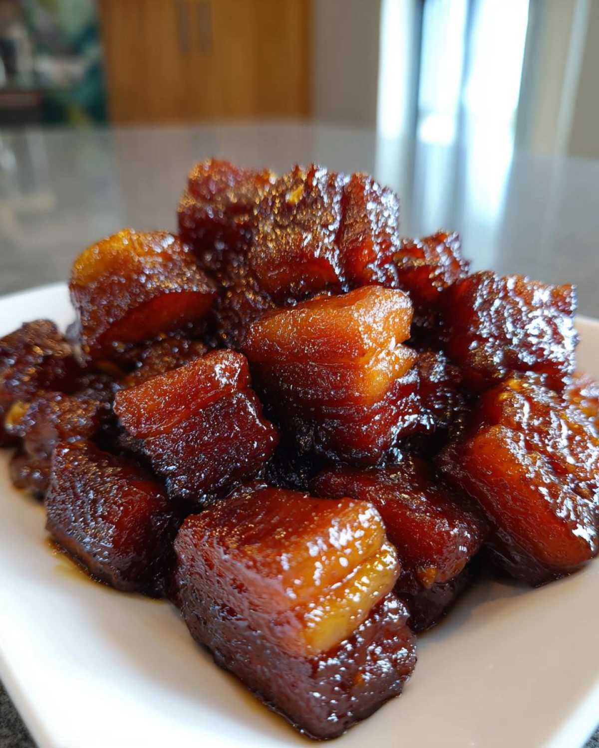 Close-up of tender, caramelized chunks of Vietnamese Caramel Pork glistening in a rich, dark sauce.