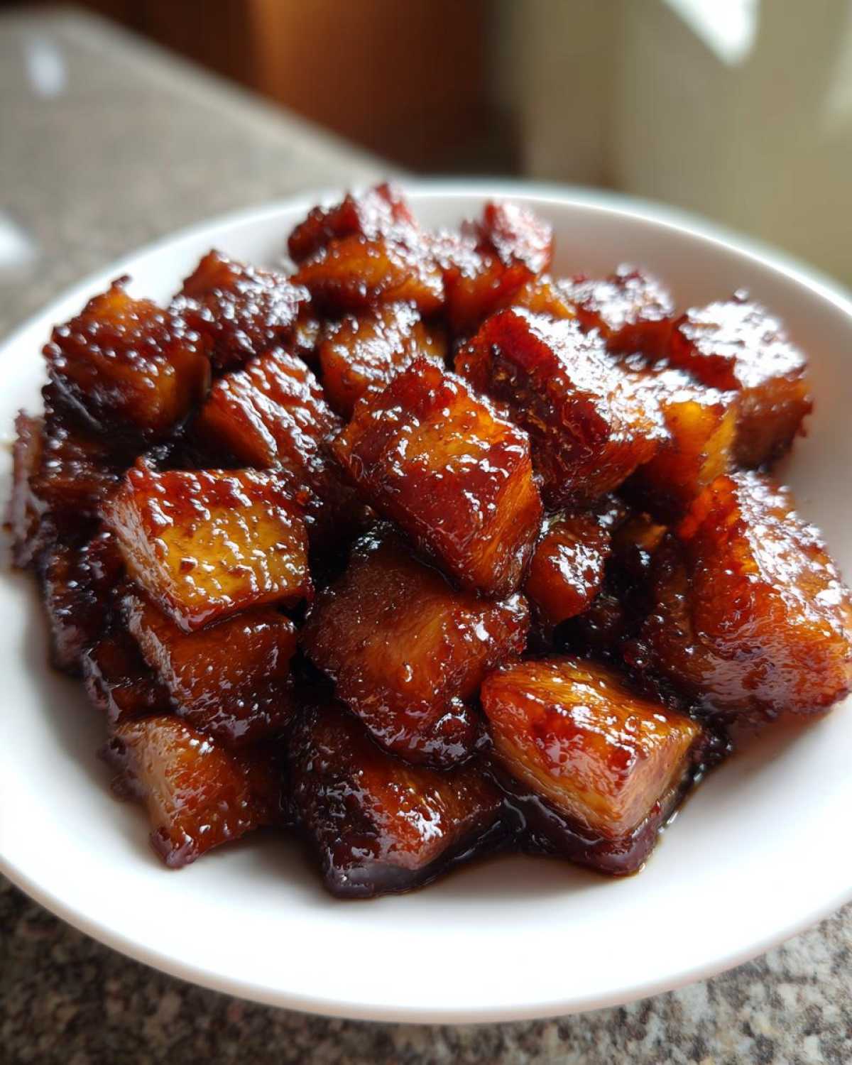 Close-up of shiny, caramelized cubes of Vietnamese Caramel Pork served in a white bowl.