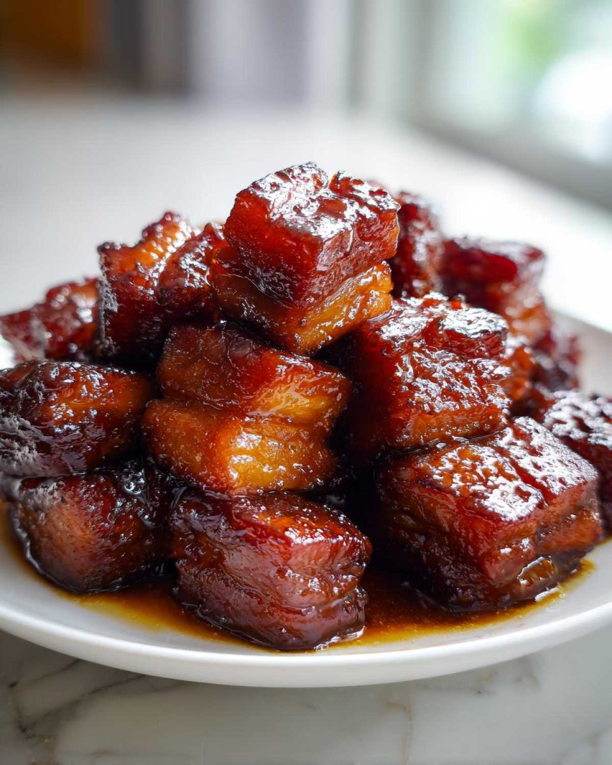 Close-up of rich, glossy, caramelized cubes of Vietnamese Caramel Pork piled on a white plate.