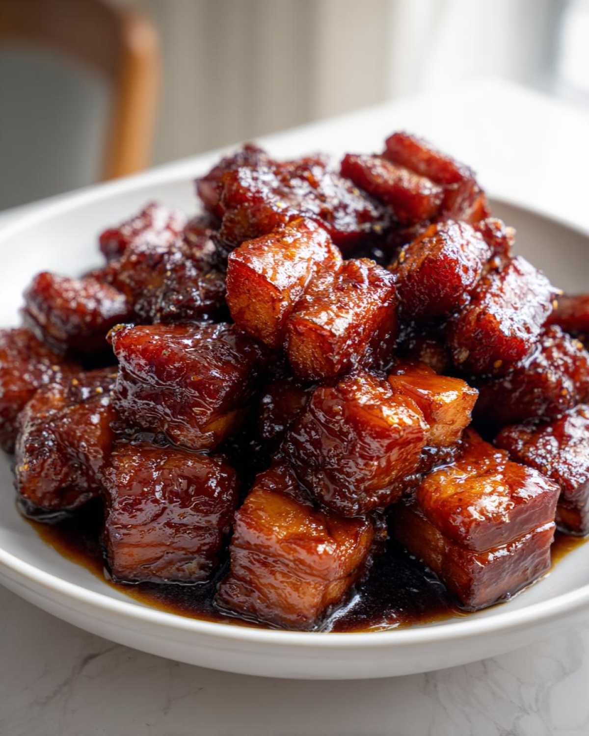 Close-up of rich, glossy cubes of Vietnamese Caramel Pork piled high in a white bowl.