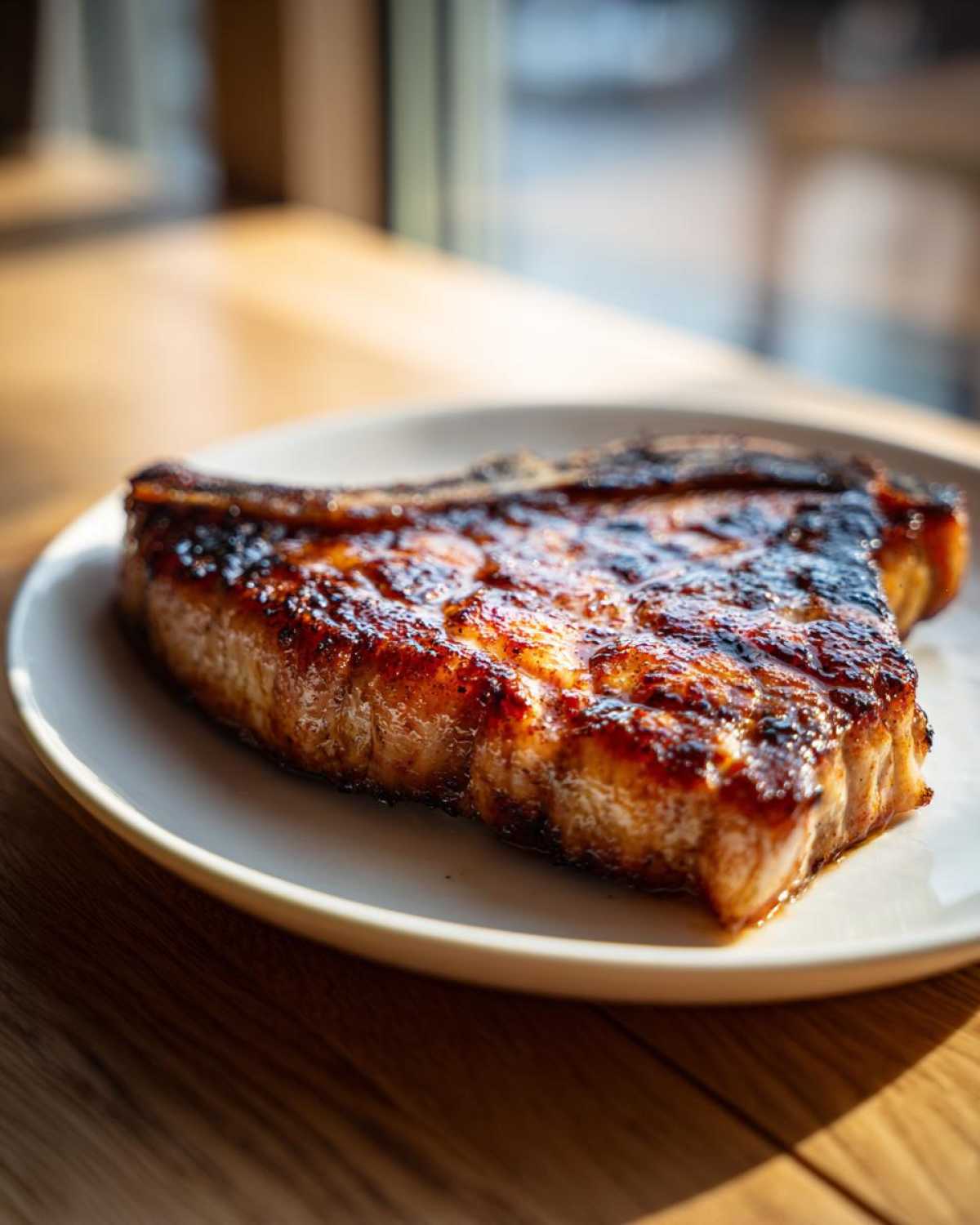 A beautifully caramelized Vietnamese Lemongrass Pork Chop served on a white plate.