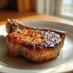 Close-up of a thick, caramelized Vietnamese Lemongrass Pork Chop resting on a white plate.