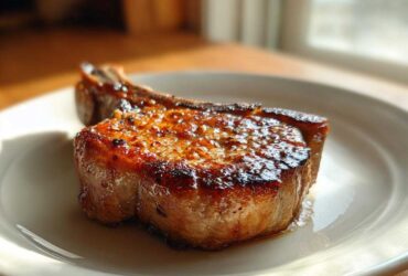 Close-up of a thick, caramelized Vietnamese Lemongrass Pork Chop resting on a white plate.