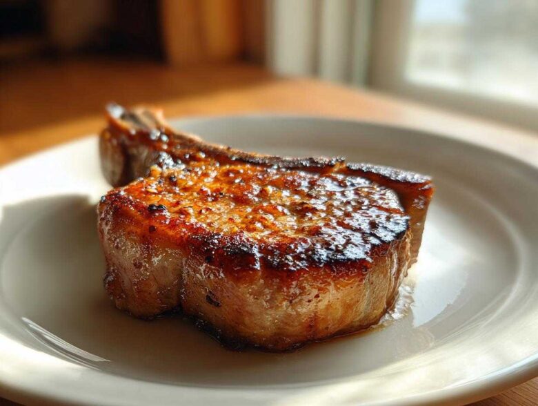 Close-up of a thick, caramelized Vietnamese Lemongrass Pork Chop resting on a white plate.