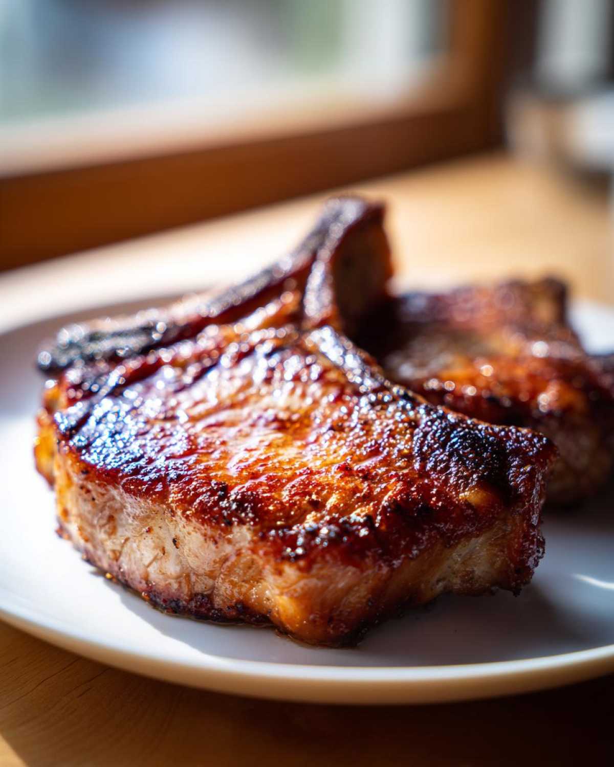 Close-up of perfectly grilled Vietnamese Lemongrass Pork Chops with a caramelized, glossy glaze on a white plate.